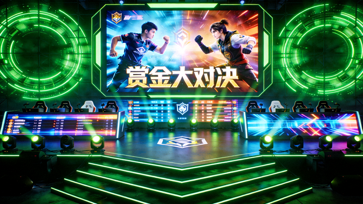 赏金大对决电竞赛事主舞台巨幕对战画面与绿色霓虹灯光效