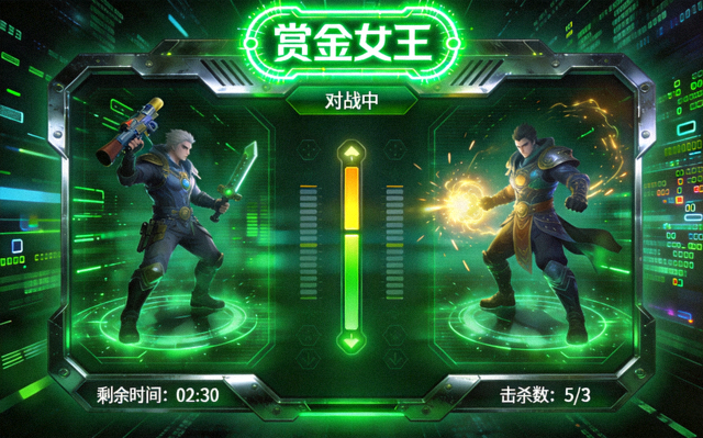 赏金女王主题电竞对战界面与绿色霓虹光效